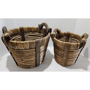 Vintage Wicker Woven Baskets With Wood Handles